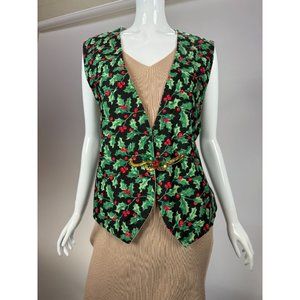 Vintage Holiday Holly Vest - blemish on shoulder OS Green Holly Cotton Blend